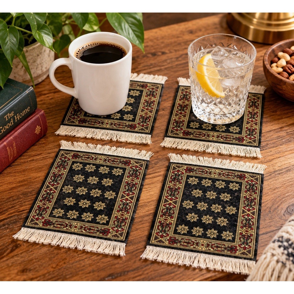 CoasterRug MouseRug Set of 4 Mini Oriental Persian Rug Drink Coasters Fringe